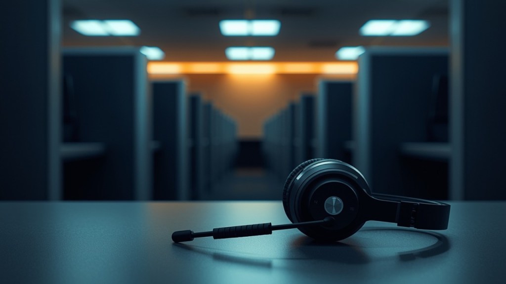 A contemplative photograph of an empty call center headset resting on a desk with soft, dramatic lighting. The headset is in sharp focus in the foreground, with blurred rows of empty cubicles stretching into the background. Moody blue and grey color palette. Cinematic lighting with a single warm light source creating shadows. Professional, emotional, documentary photography style. High detail, photorealistic, 4K quality.