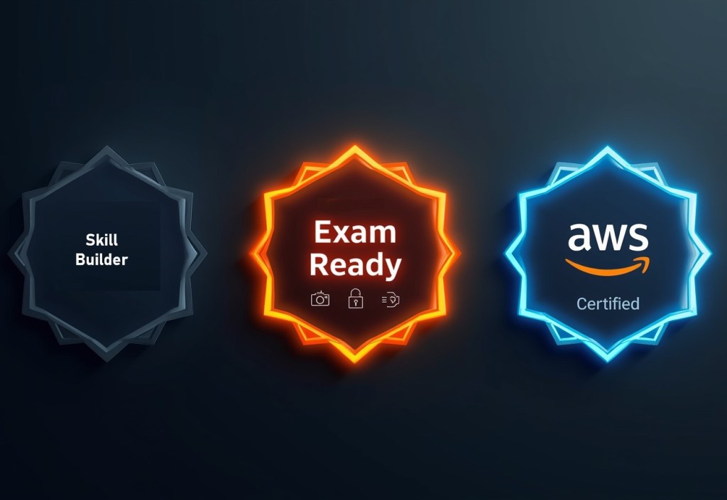 Modern infographic illustration showing three progressive AWS badges arranged in ascending steps, first badge is dim/basic representing skill builder, middle badge glowing with "Exam Ready" label showing proctored assessment symbols (camera icon, lock icon), third badge bright and certified with AWS logo, professional tech aesthetic, clean lines, corporate color palette with AWS orange and blue, flat design with subtle shadows, highly detailed, photorealistic rendering, 4K resolution